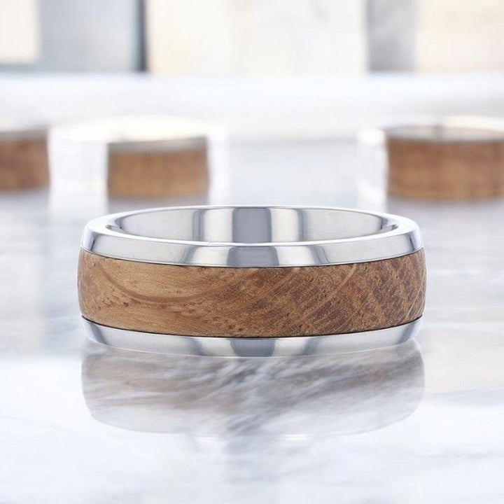 STAVE silver titanium ring with polished edges and genuine whiskey barrel wood by Aydins Jewelry.