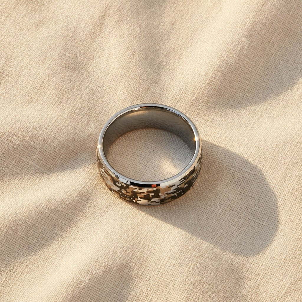 STEALTH silver tungsten carbide wedding band with engraved digital camouflage pattern running around the band and polished edges macro detail overhead flat lay