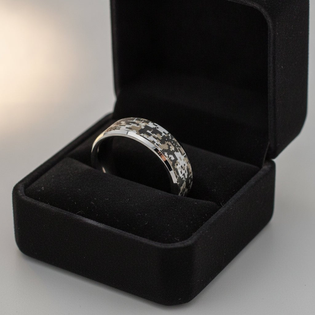 STEALTH silver tungsten carbide wedding band with engraved digital camouflage pattern running around the band and polished edges nested in a black velvet ring box, editorial jewelry shot