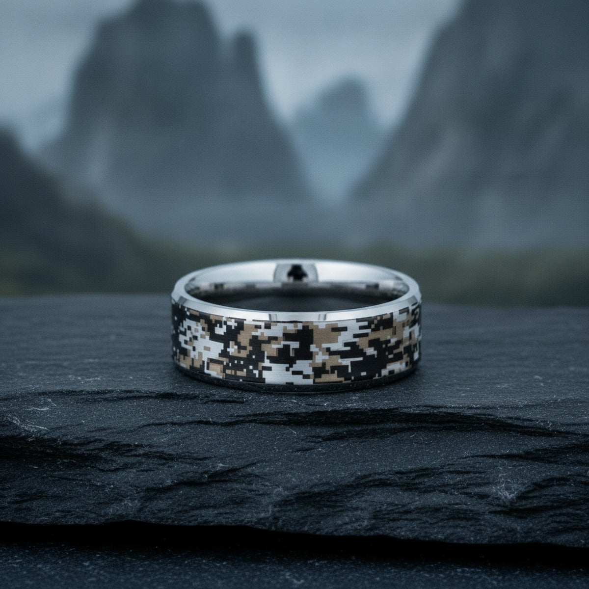 Aydins STEALTH | Tungsten Carbide Ring, Camouflage Inlay lifestyle scene, slate stone mountain