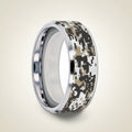 STEALTH silver tungsten carbide wedding band with engraved digital camouflage pattern running around the band and polished edges, studio hero shot