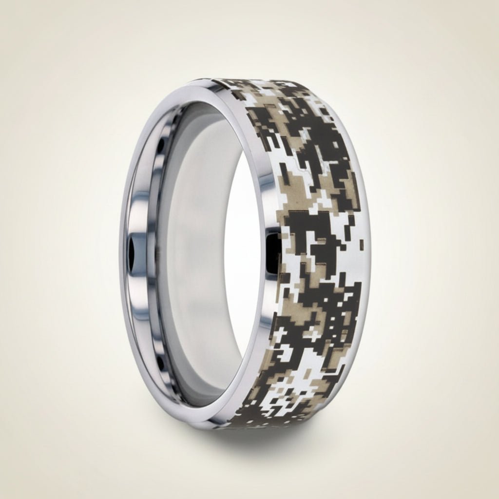 STEALTH silver tungsten carbide wedding band with engraved digital camouflage pattern running around the band and polished edges, studio hero shot