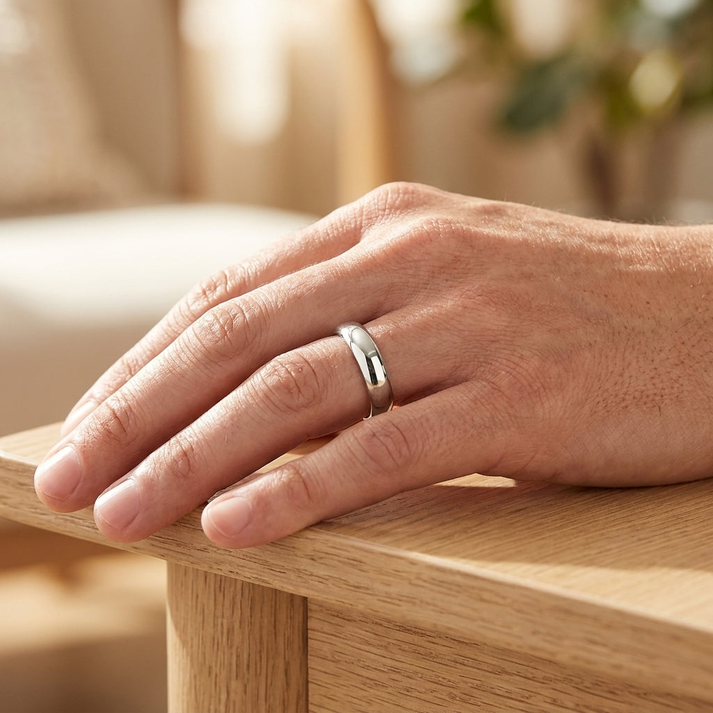 Sterling Silver Comfort Fit Wedding Band worn on hand on oak wood surface, lifestyle photo
