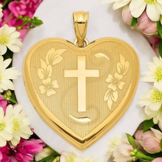 Sterling Silver Gold - tone Floral Cross Ash Holder Heart Locket - Memorial Keepsake Jewelry - Pendant - Aydins Jewelry - 1