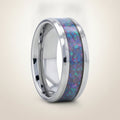 STINGRAY silver tungsten carbide wedding band with blue and purple color-changing opal inlay running around the band and polished edges, studio hero shot