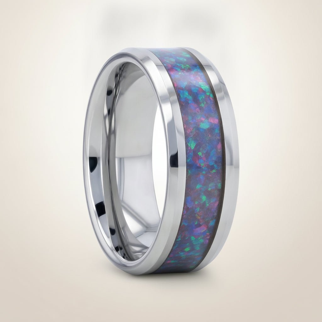STINGRAY silver tungsten carbide wedding band with blue and purple color-changing opal inlay running around the band and polished edges, studio hero shot