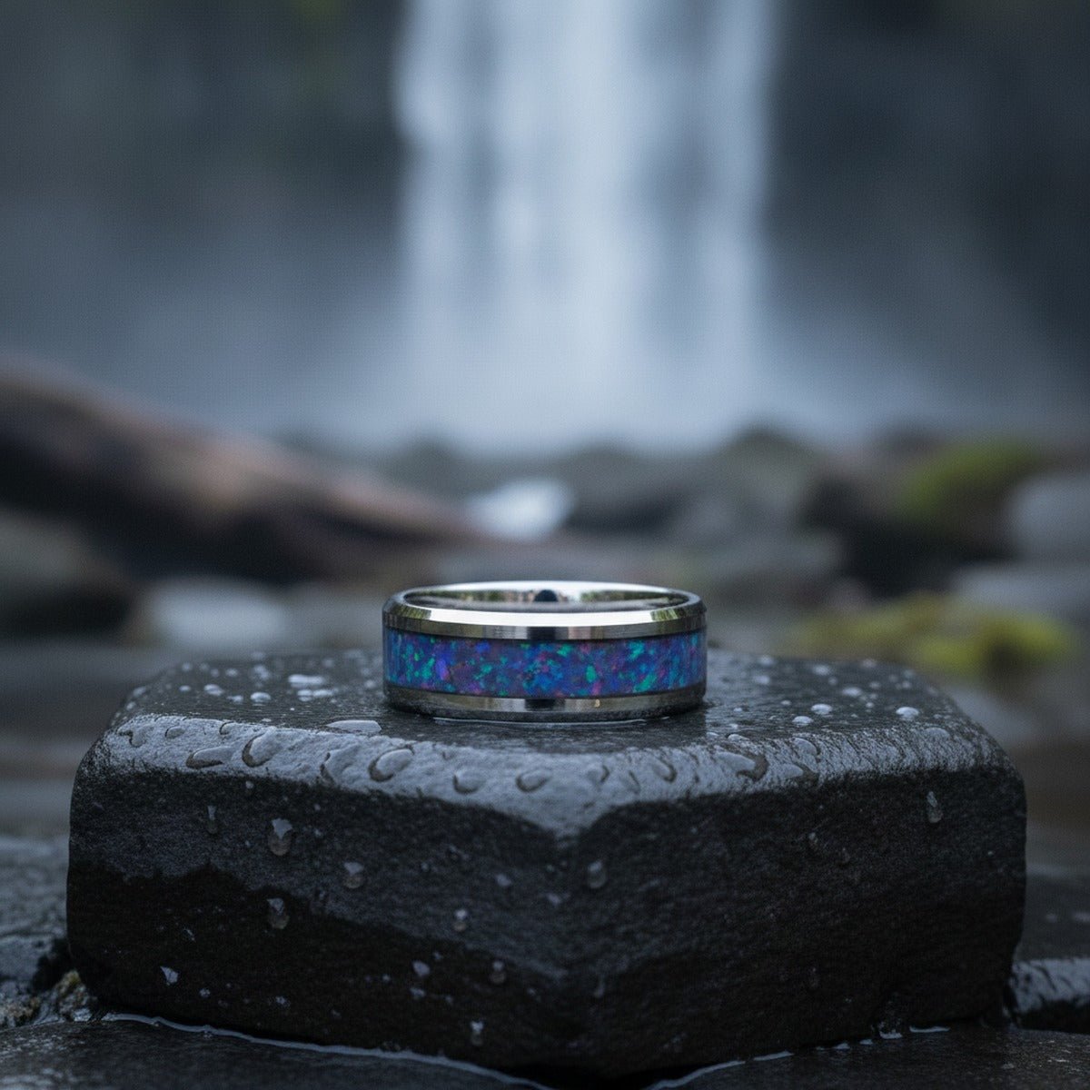Aydins STINGRAY | Tungsten Carbide Ring, Blue Purple Color Changing Inlay lifestyle scene, waterfall basalt