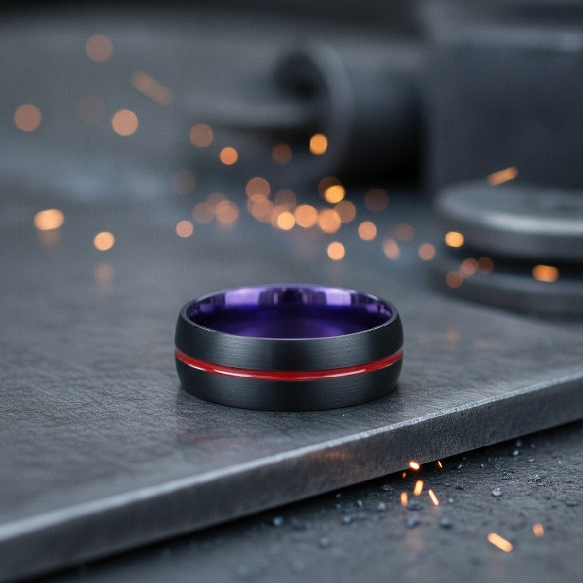 Aydins STORK | Purple Ring, Black Tungsten Ring, Red Groove, Domed lifestyle scene, metalworker steel