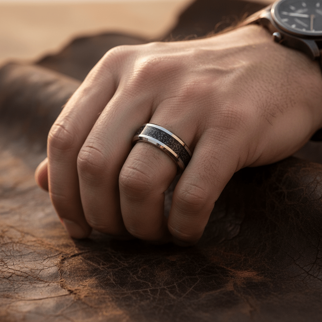 STORMIC — lifestyle on hand — men's tungsten carbide wedding ring | Aydins Jewelry