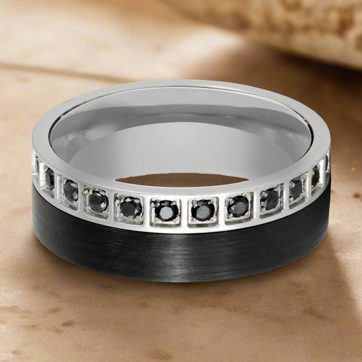 8mm Black Tungsten Ring with Black Diamond Stimulant CZ Inlay