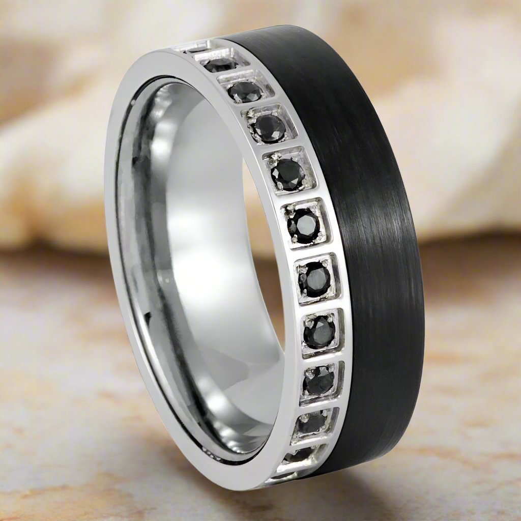 Modern Men's Wedding Band - STRATOS Black Tungsten Ring with Black CZ