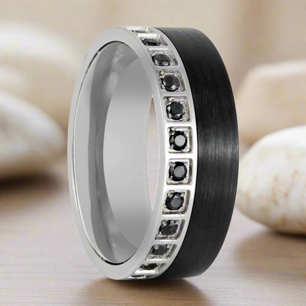 STRATOS Black Tungsten Ring with Black Diamond Stimulant CZ Stones - Side View