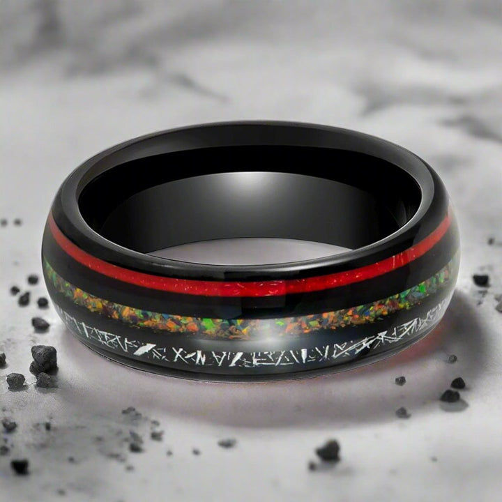 Cosmic-Inspired STRIDER Tungsten Ring with Meteorite and Opal Inlays – 8mm Width