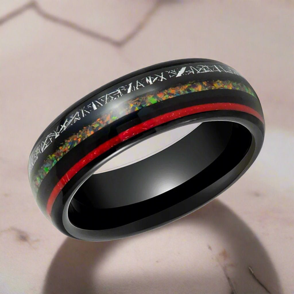 Close-up of STRIDER Tungsten Ring's Meteorite and Opal Inlays with Polished Finish