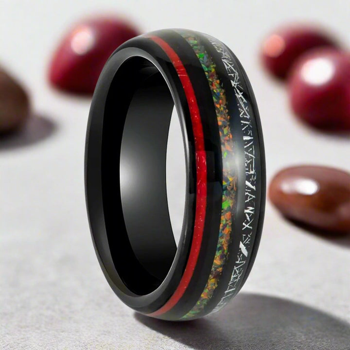 Unique STRIDER Tungsten Ring Featuring Red & Black Meteorite and Opal Inlays – 8mm