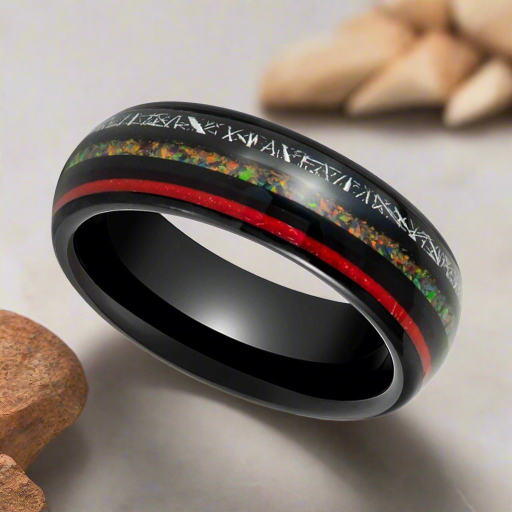 STRIDER Black Tungsten Ring with Red Meteorite and Multicolor Opal Inlay – Aydins Jewelry