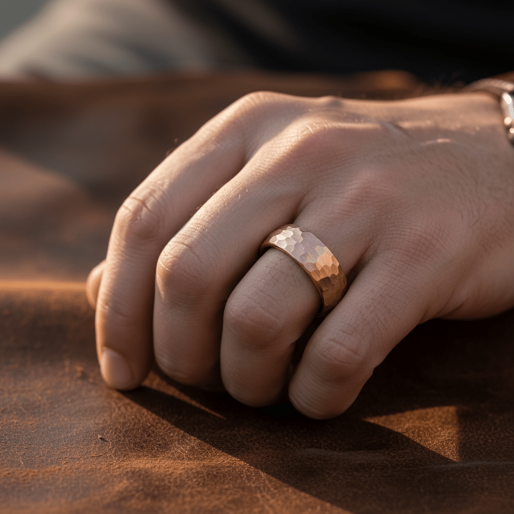 STRIKE — Lifestyle photo on hand — men's tungsten wedding ring.