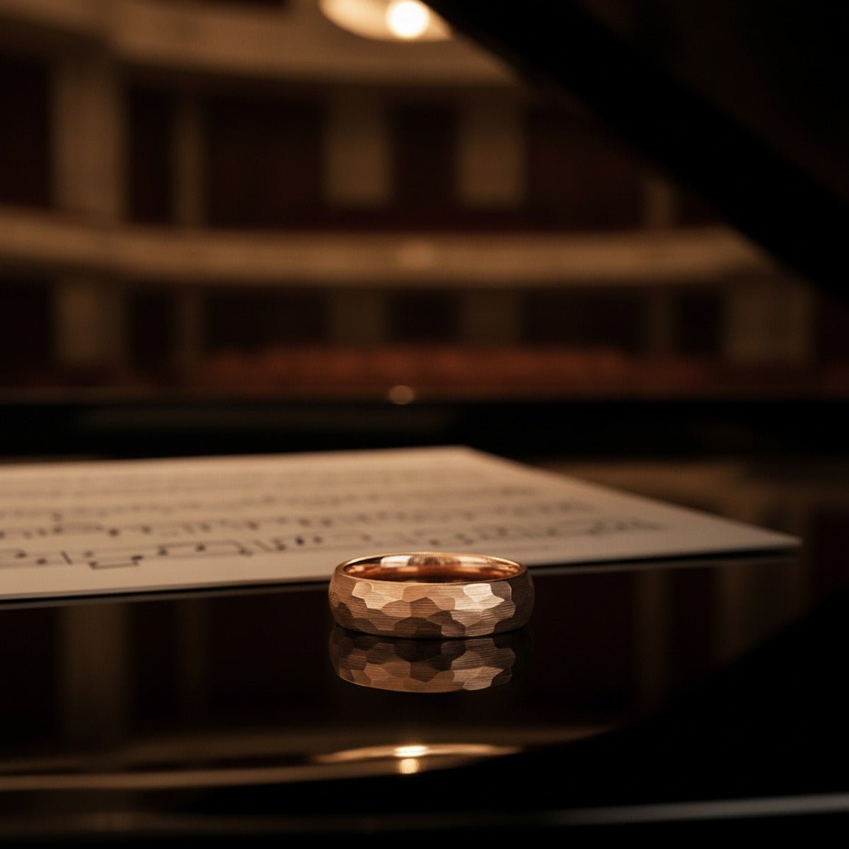 Aydins STRIKE | Rose Gold Tungsten Hammered Ring lifestyle scene, piano lacquer