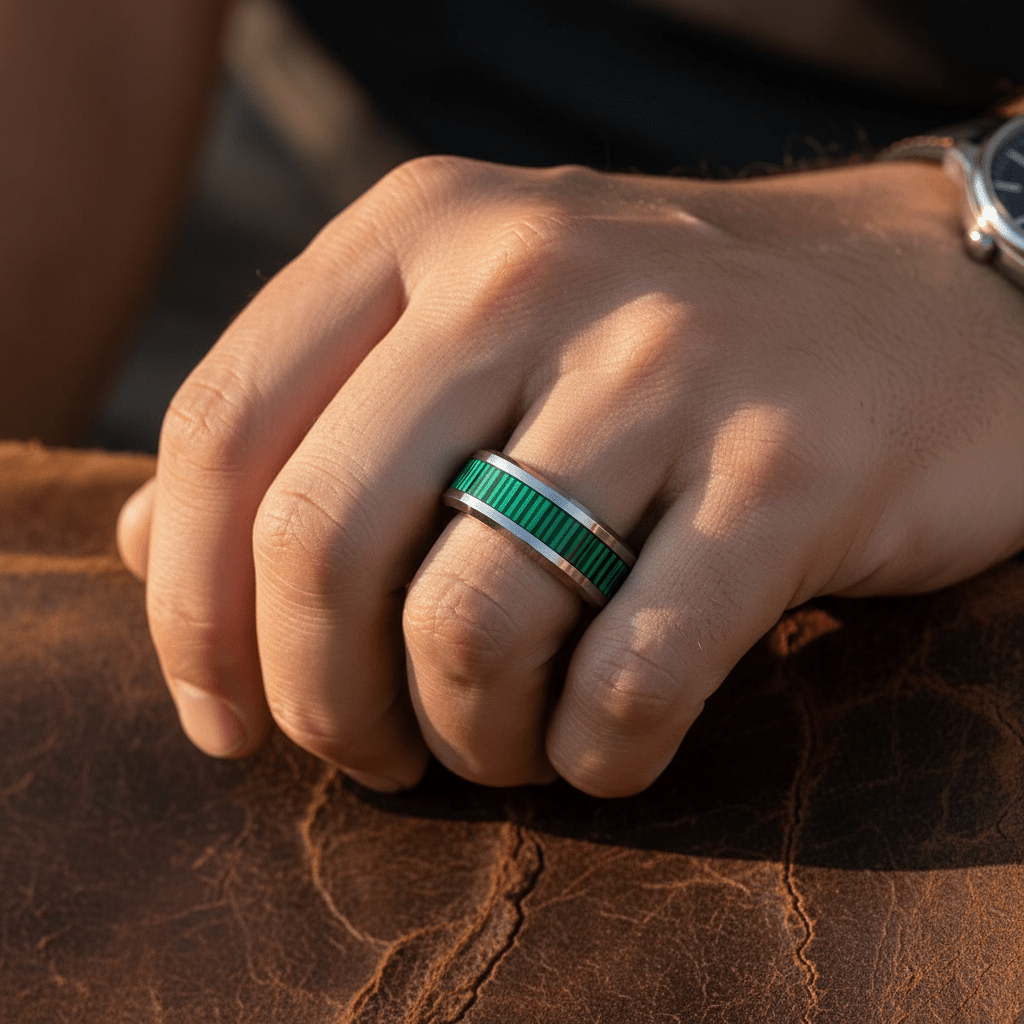 SUITLAND — Lifestyle photo on hand — men's tungsten wedding ring.