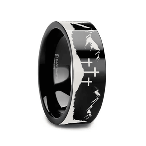 SUMMIT black tungsten ring with mountain landscape laser-engraved around the band – Aydins Jewelry