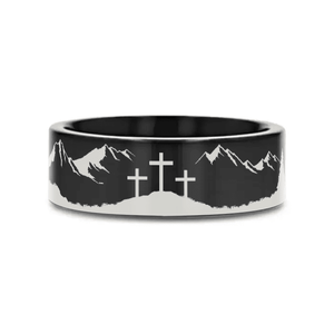 SUMMIT black tungsten ring with mountain landscape laser-engraved around the band – Aydins Jewelry