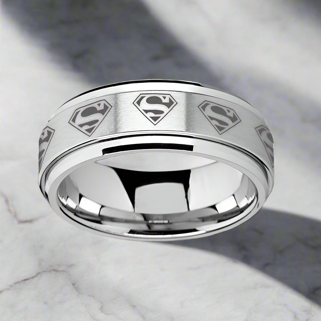 SUPREME | Silver Tungsten Ring, Fidget Spinner, Laser Engraved Superman, Beveled - Rings - Aydins Jewelry - 1