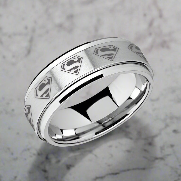 SUPREME | Silver Tungsten Ring, Fidget Spinner, Laser Engraved Superman, Beveled - Rings - Aydins Jewelry - 2