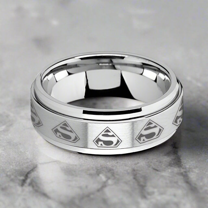 SUPREME | Silver Tungsten Ring, Fidget Spinner, Laser Engraved Superman, Beveled - Rings - Aydins Jewelry - 3