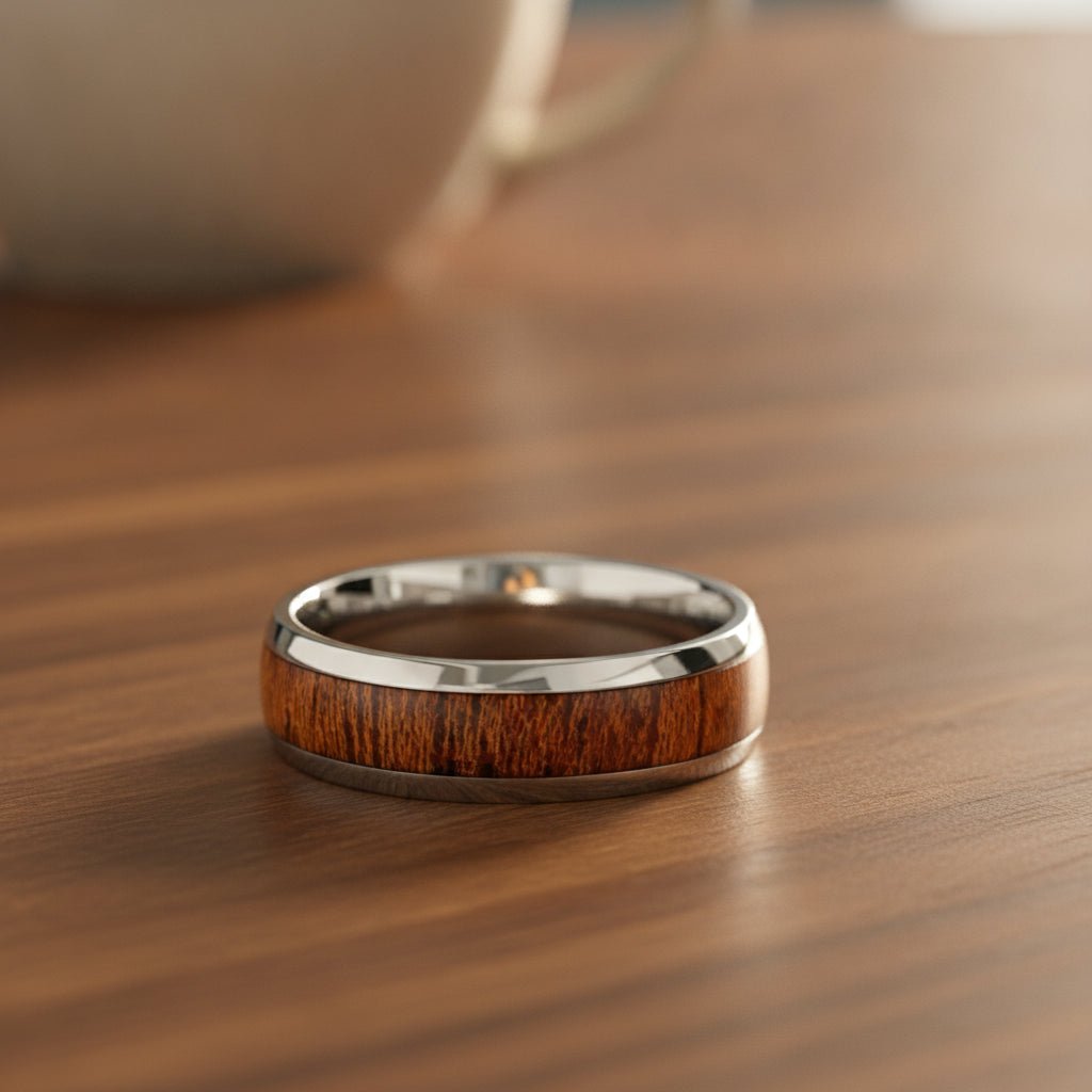 SWIETENIA silver tungsten wedding band with rich mahogany wood inlay running around the band and polished edges resting on a walnut wood counter, lifestyle scene