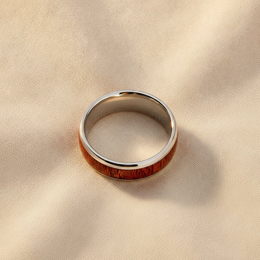 SWIETENIA silver tungsten wedding band with rich mahogany wood inlay running around the band and polished edges macro detail overhead flat lay