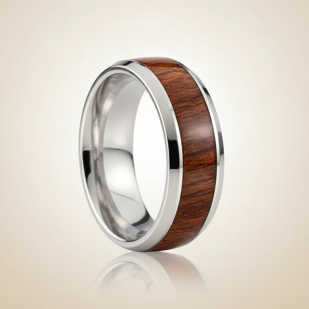 SWIETENIA silver tungsten wedding band with rich mahogany wood inlay running around the band and polished edges, studio hero shot
