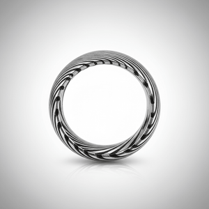 SWIRL — Center-through axial view — men's tungsten wedding ring.