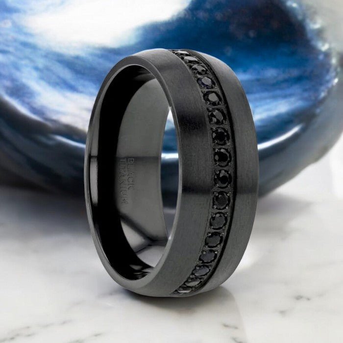 Domed black titanium ring with black sapphire inlay, available in 6mm and 8mm widths - Aydins Jewelry.