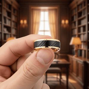 TALON — Held between fingers close-up — men's tungsten wedding ring.