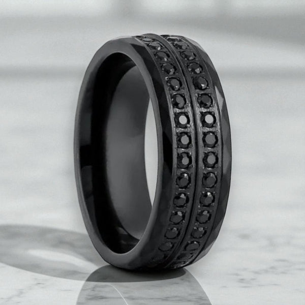 7mm black titanium wedding band with double row black CZ eternity design