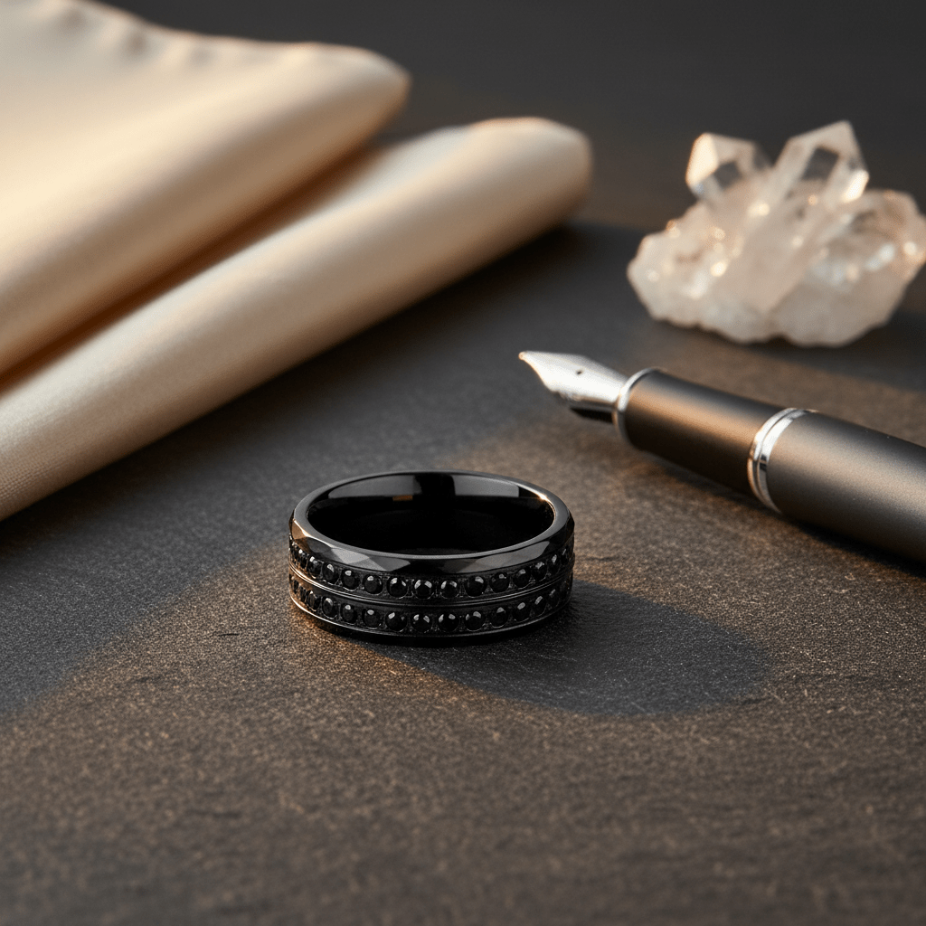 TANDEM — Editorial masculine still life — men's tungsten wedding ring.