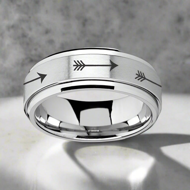 TARGET | Silver Tungsten Ring, Fidget Spinner, Laser Engraved Arrows, Beveled - Rings - Aydins Jewelry - 1