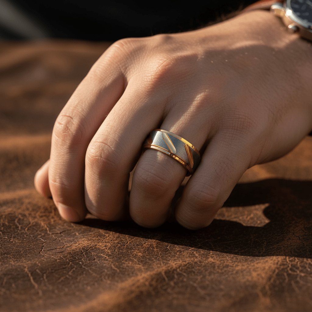 TASOS — Lifestyle photo on hand — men's tungsten wedding ring.