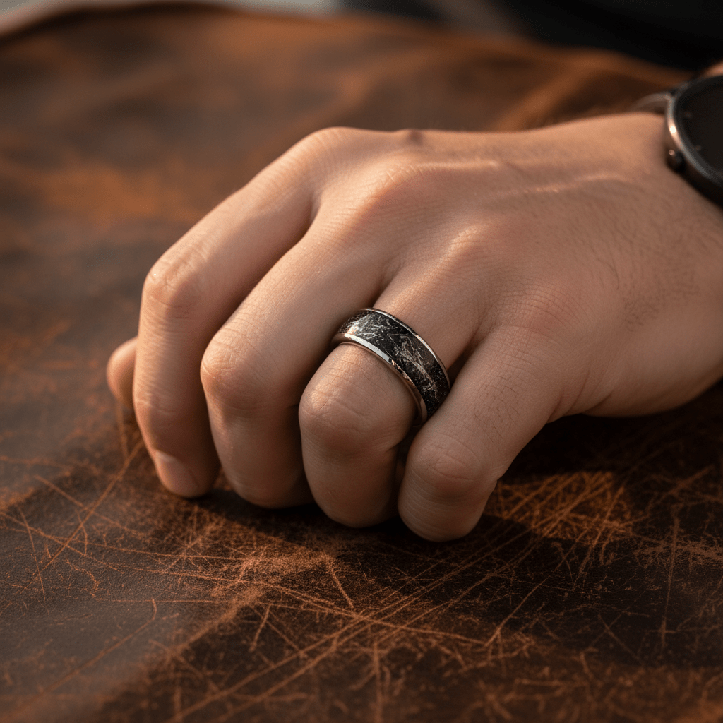 TATUM — Lifestyle photo on hand — men's tungsten wedding ring.