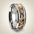 TERRA silver tungsten carbide wedding band with leaves and grassland woodland camouflage inlay running around the band and polished edges, studio hero shot