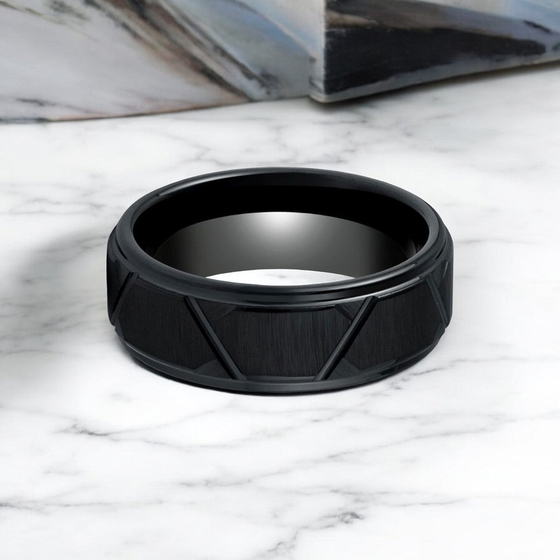 Black tungsten carbide ring featuring a modern trapezoid design - Comfort Fit.