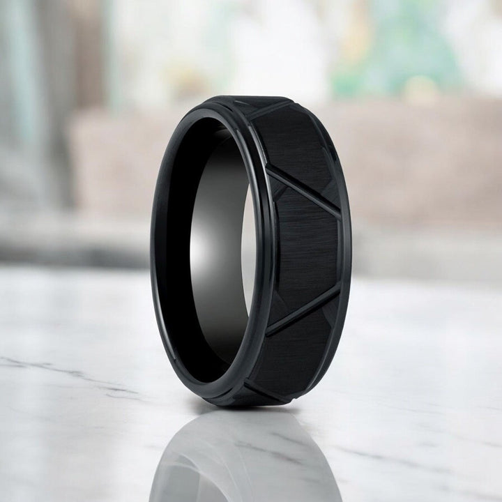 TERRANCE Black Tungsten Ring with trapezoid design by Aydins Jewelry.