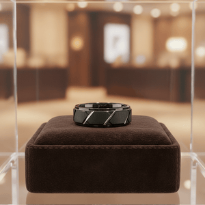 TERRANCE — Premium boutique display on velvet — men's tungsten wedding ring.