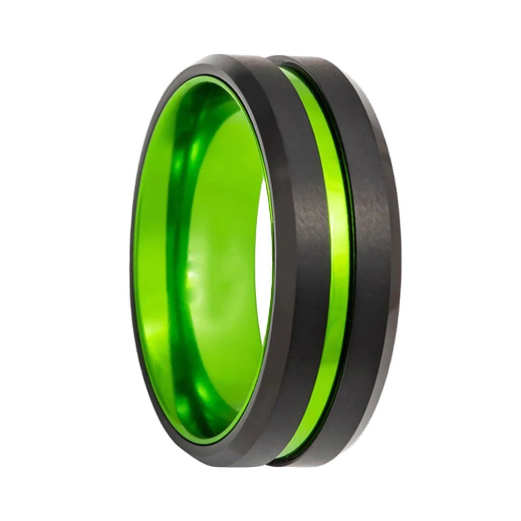 TESLA | Green Ring, Black Tungsten, Green Groove, Beveled Edges - Rings - Aydins Jewelry - 1