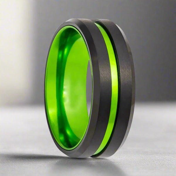 TESLA | Green Ring, Black Tungsten, Green Groove, Beveled Edges - Rings - Aydins Jewelry - 3