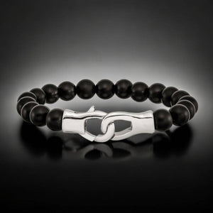 Men's Black Agate Beaded Bracelet with Stainless Steel Lobster Clasp