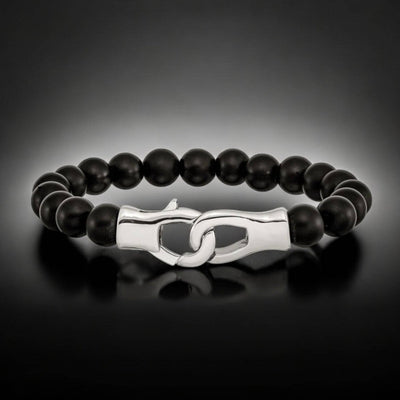 Men's Black Agate Beaded Bracelet with Stainless Steel Lobster Clasp