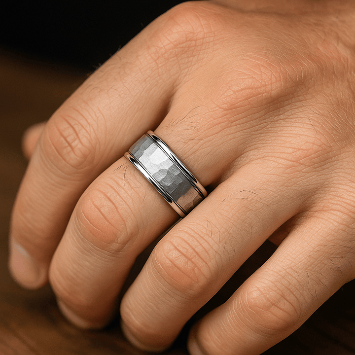 Close-up of dual grooves and polished beveled edge on silver tungsten band on Ring FInger