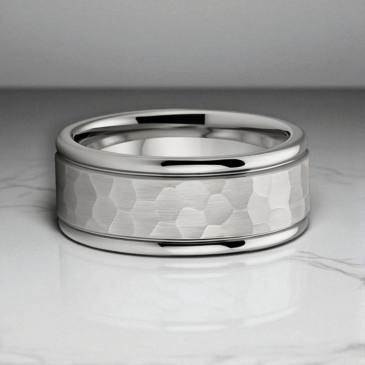 Close-up of dual grooves and polished beveled edge on silver tungsten band