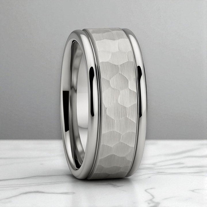 THORNTON silver tungsten ring with hammered center and offset grooves